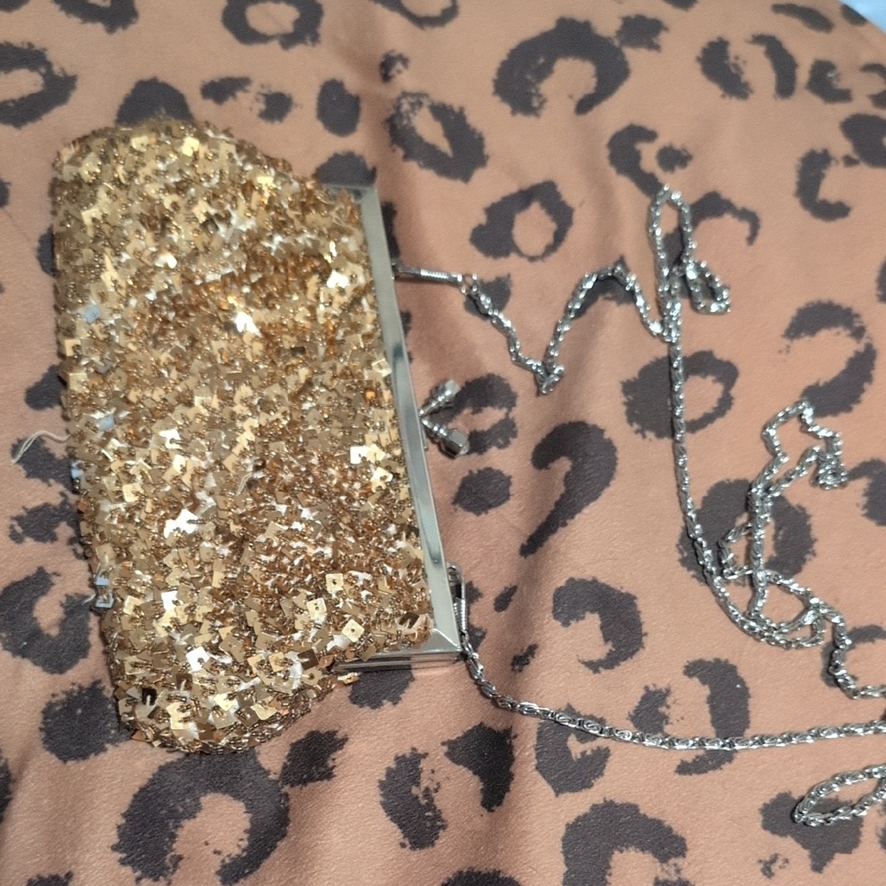 Passport Gold Sequin Clutch with Silver Chain